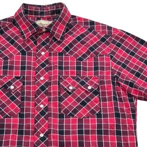VTG Wrangler Western Shirt Red Black Plaid Pearl Snap Short Sleeve Mens‎ M
